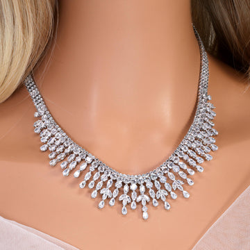 CZ Diamond Fountain of Elegance Jewelry Set, Long Bridal Earrings, Bracelet, Ring And Necklace, Statement Earrings Cz Necklace Set.